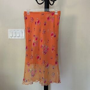 Orange Chiffon Floral Wrinkle Free Midi Skirt